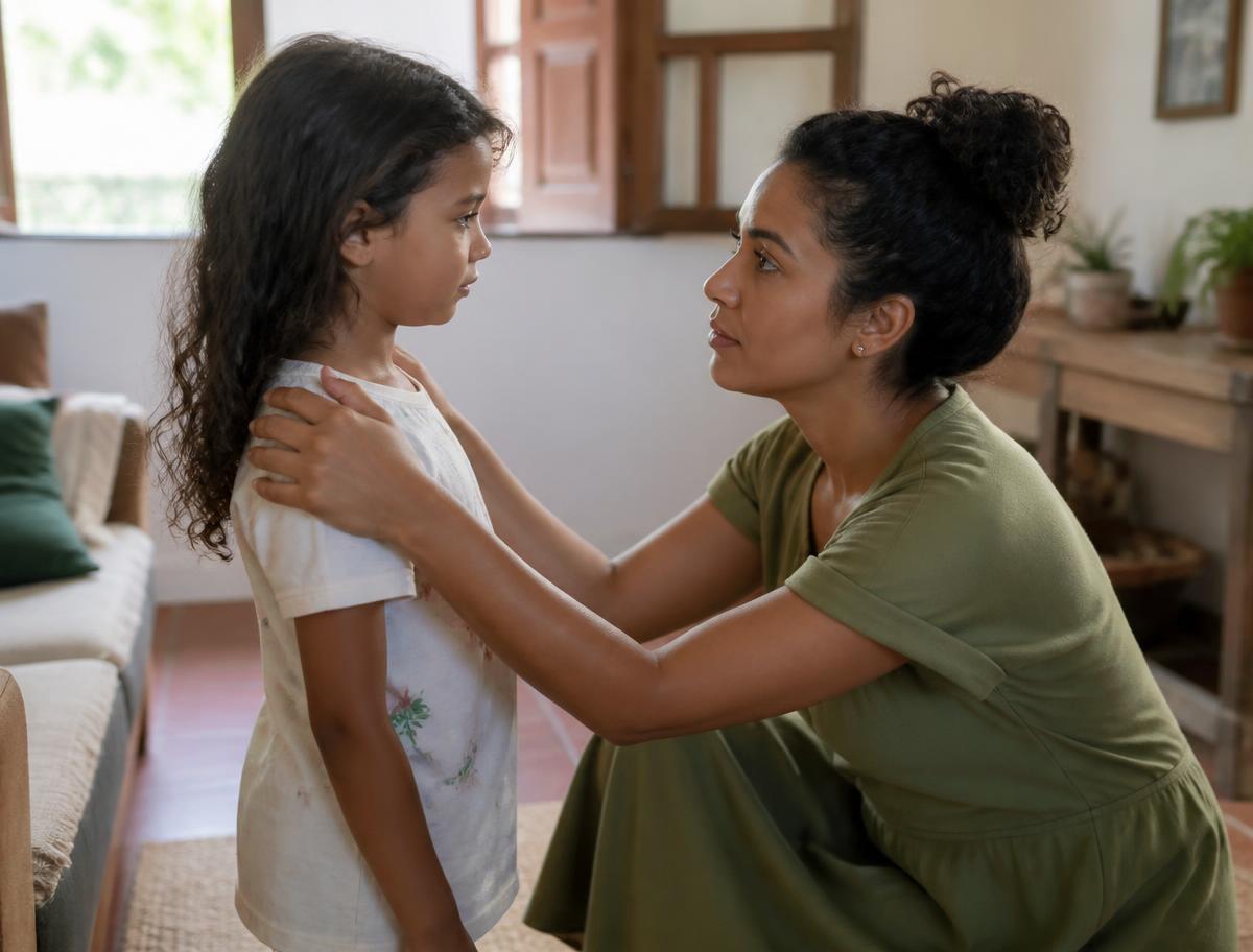 Mãe agachada na altura do filho, conversando com calma na sala de casa