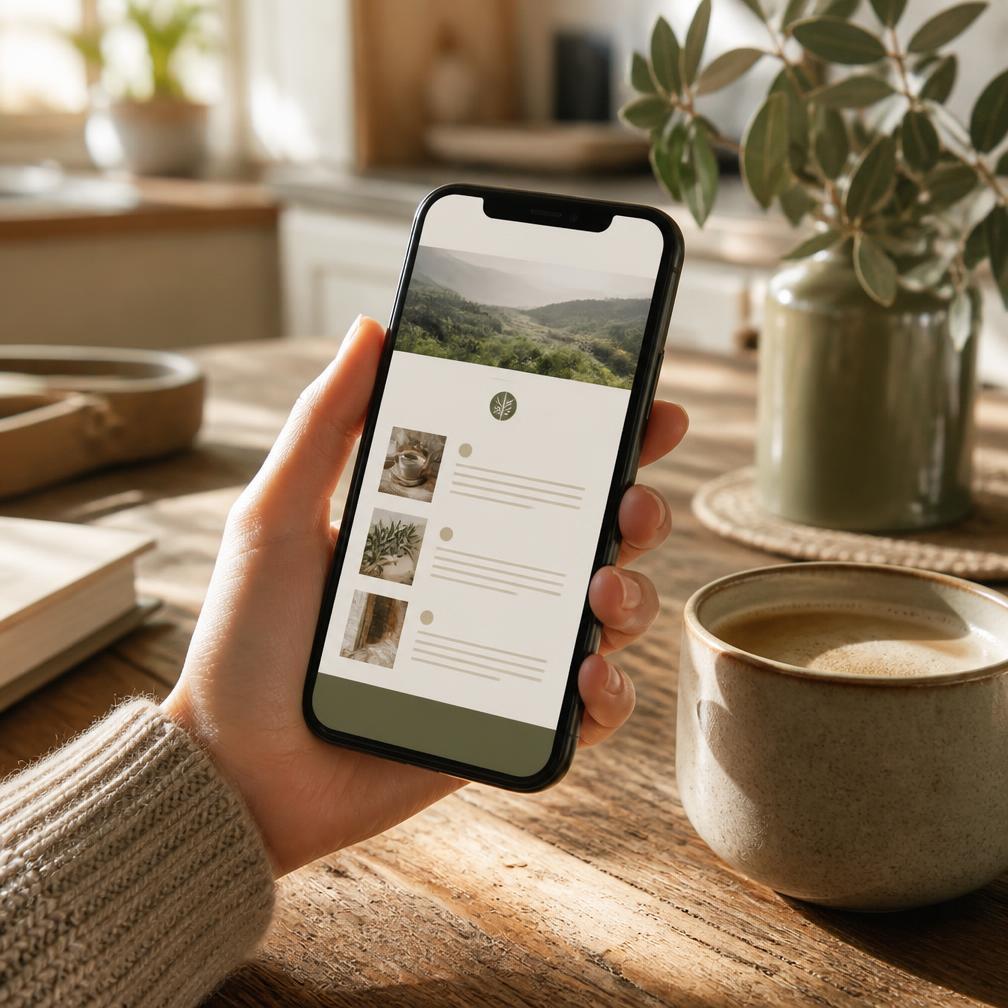 Celular mostrando o guia Frases que Acalmam sobre uma mesa de madeira